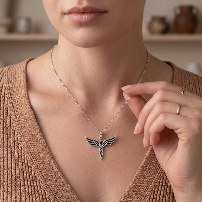 Elven Wing Necklace worn over a brown knit top with the chain held beside the pendant