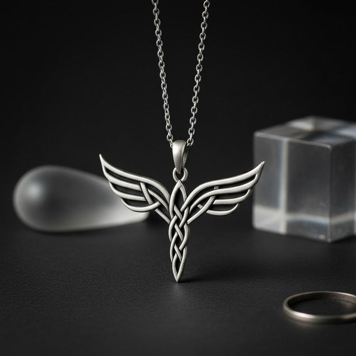 Elven Wing Necklace displayed on a dark surface, showing the layered wing panels and tapered braided drop