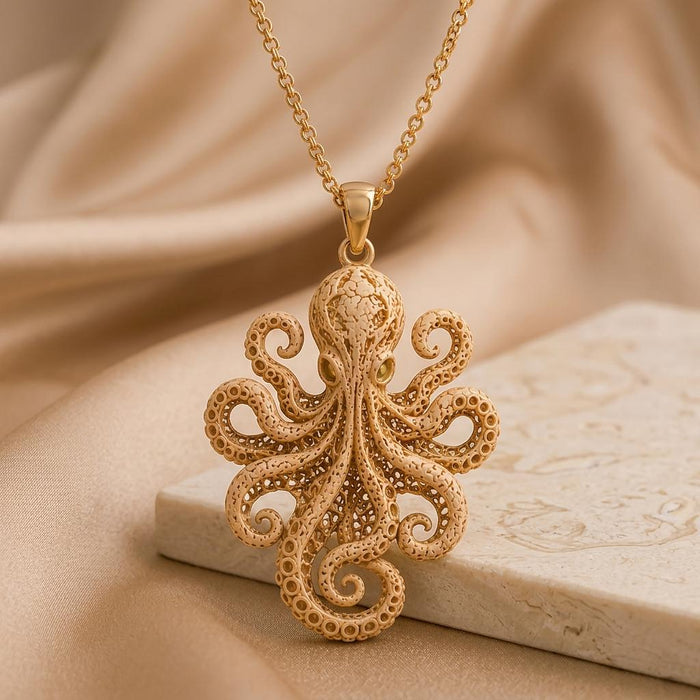 Gold Plated Silver Fossil Octopus Pendant displayed beside a light stone block on champagne satin
