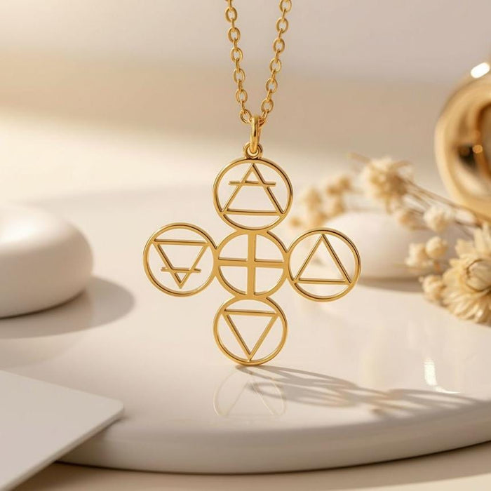 Close-up of Gold Plated Silver Four Elements Necklace with four triangle-based circular symbols