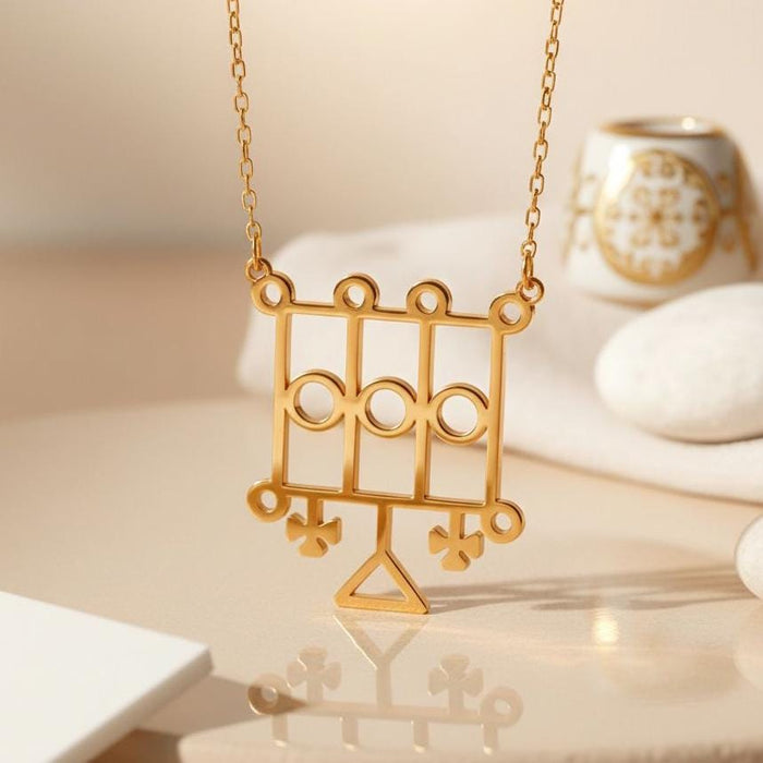 Gold Plated Silver Furcas sigil pendant close-up with rectangular frame, three circles, and triangle drop