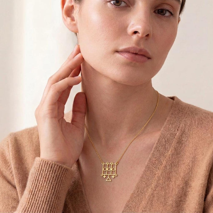Front portrait wearing a Gold Plated Silver Furcas Sigil Necklace with a brown V-neck knit top