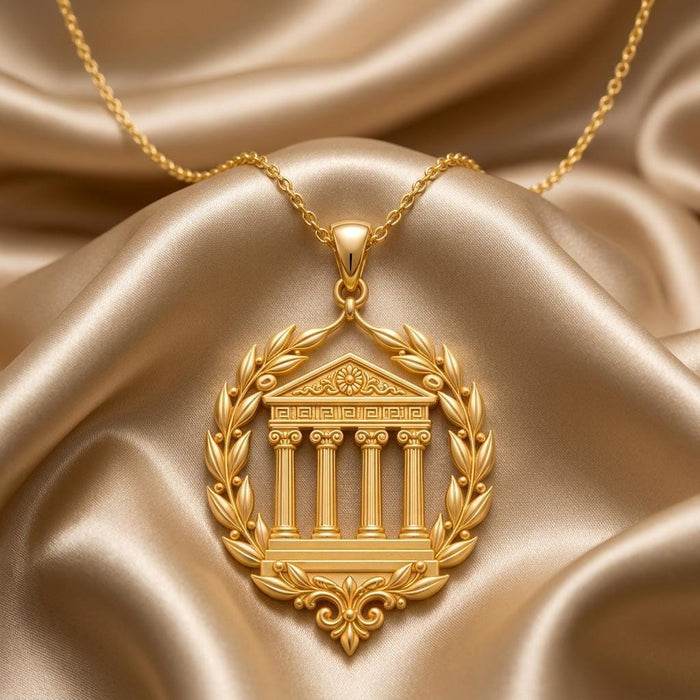 Gold Plated Silver Greek Temple Necklace with a four-column temple pendant and laurel branches on champagne satin