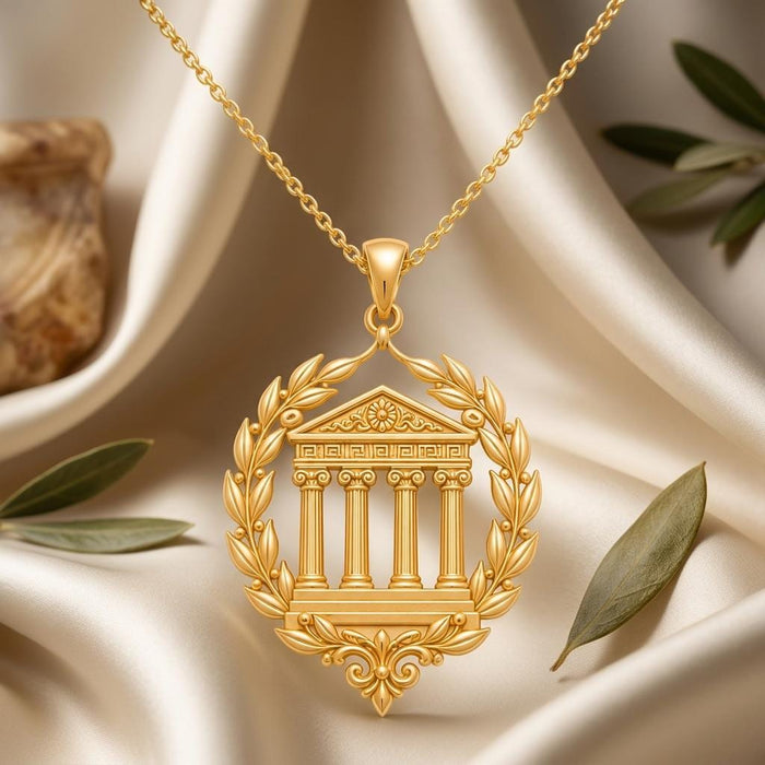 Close view of a Gold Plated Silver Greek Temple pendant with four columns, pediment, laurel branches, and lower scrollwork