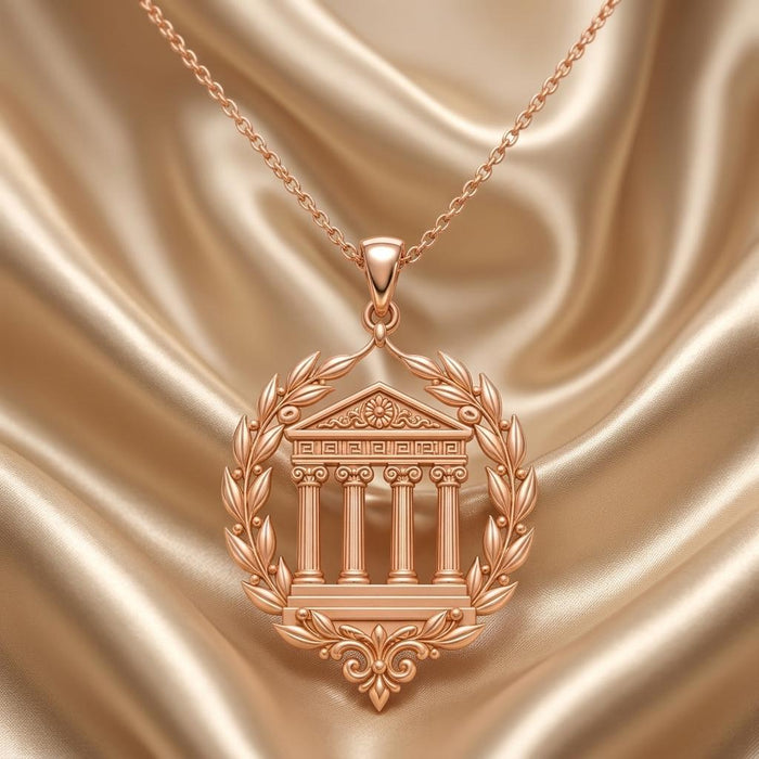 Rose Gold Plated Greek temple pendant displayed on champagne satin