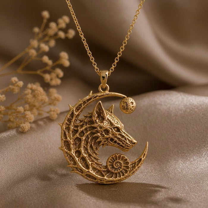 Gold Plated Silver Lunar Wolf Relic pendant with a detailed wolf profile, open crescent, crater-textured moon, and spiral detail on champagne satin