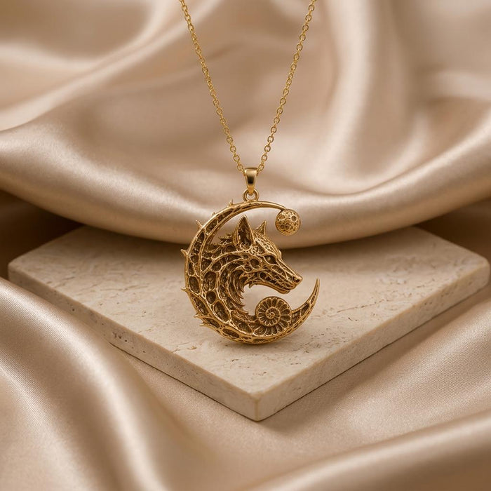Gold Plated Silver Lunar Wolf Relic pendant necklace displayed above a stone block on champagne satin
