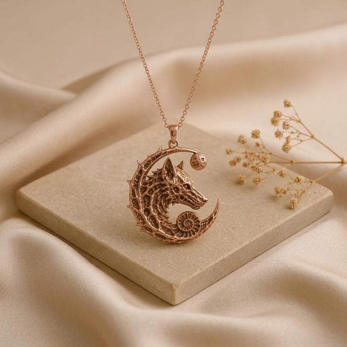 Rose Gold Plated Lunar Wolf Relic pendant necklace displayed above a stone block with dried flowers
