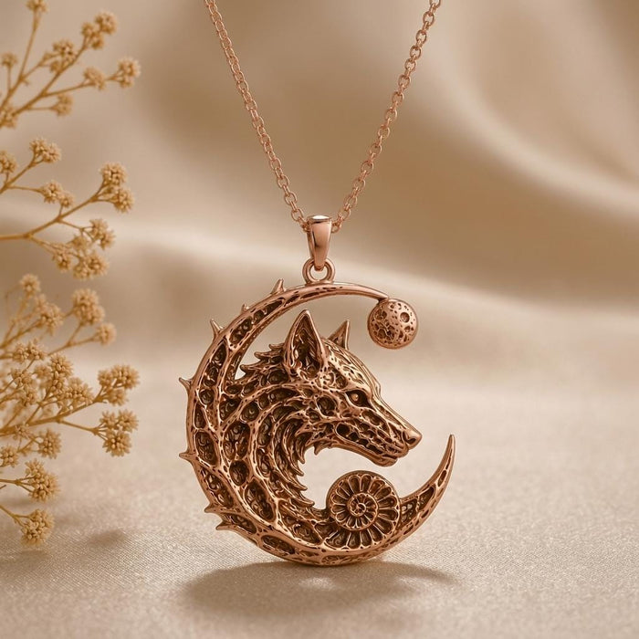 Close-up of a Rose Gold Plated Lunar Wolf Relic pendant with wolf profile, crater-textured moon, and spiral detail