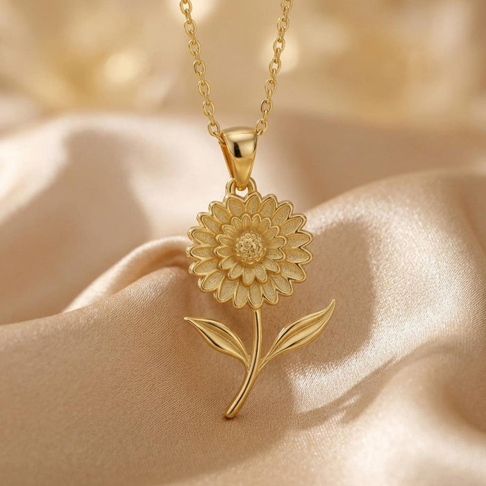 Close-up of a Gold Plated Silver Marigold Flower Necklace showing layered petals and textured center