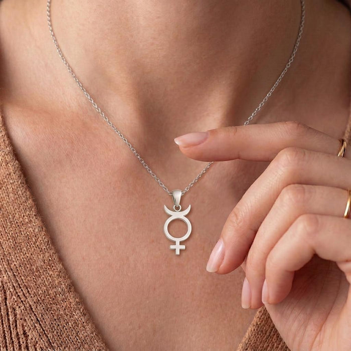 Close neckline view of the Mercury Symbol Necklace