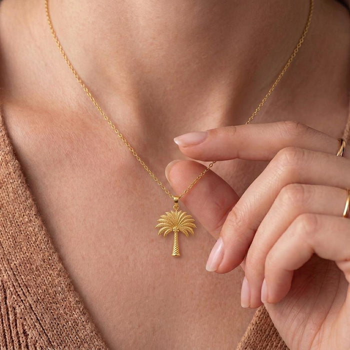 Gold Plated Silver Palm Crown Necklace worn at the collarbone