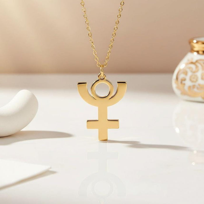 Close-up of the Gold Plated Silver Pluto symbol pendant with circular center, curved upper arms, and crossbar