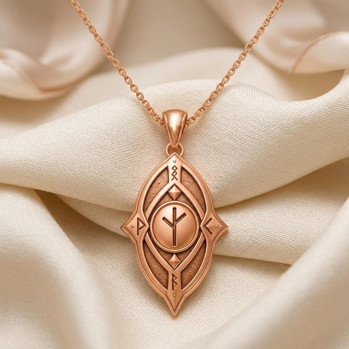 Rose Gold Plated Protective Rune Necklace with an upright rune motif on folded cream fabric