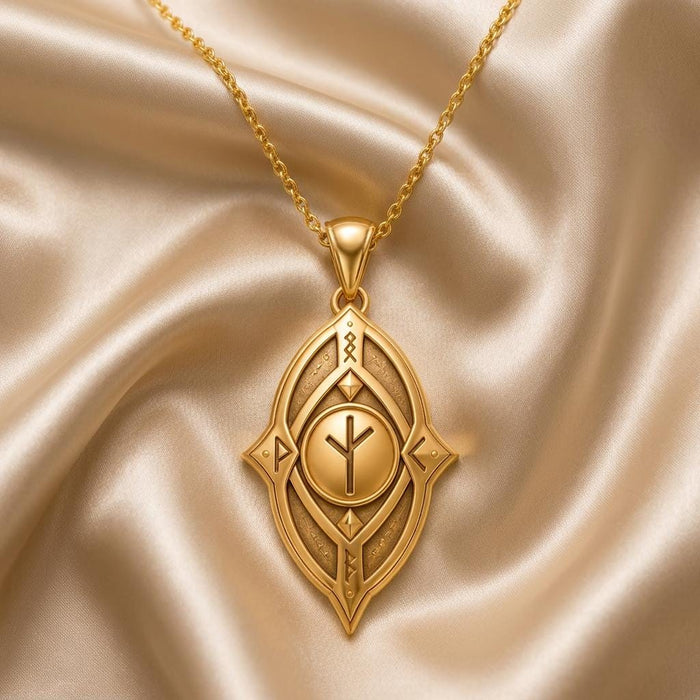 Gold Plated Silver Protective Rune Necklace displayed on champagne satin