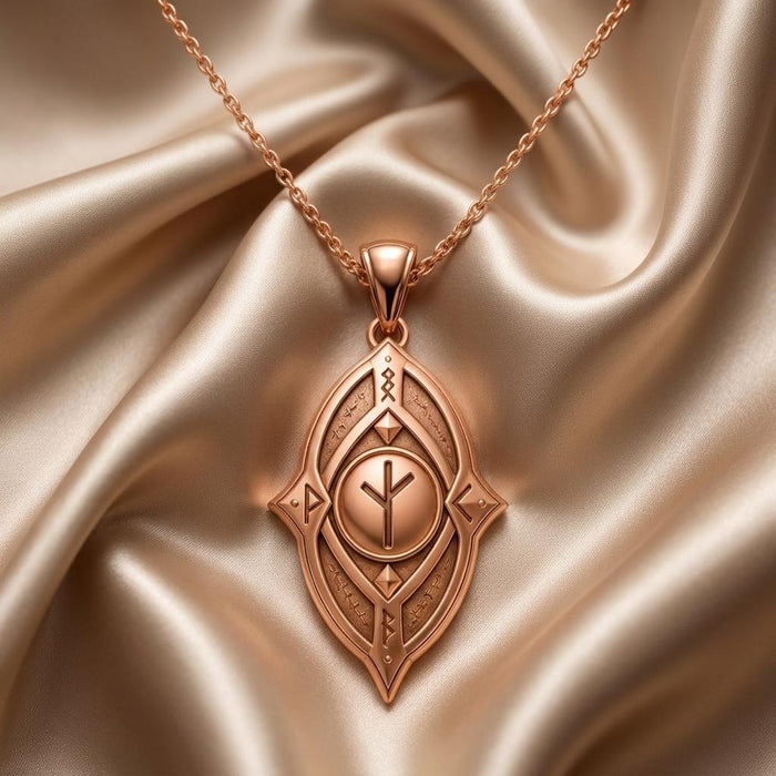 Rose-toned rune pendant displayed on draped champagne satin