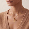 Gold Plated Silver Purson Seal Necklace worn at the collarbone with a tan V-neck knit top
