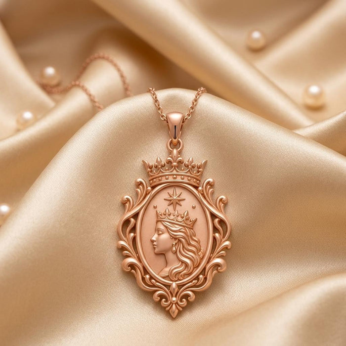 Rose Gold Plated Queen Aura Pendant with crowned portrait and ornate oval frame on satin with pearl accents