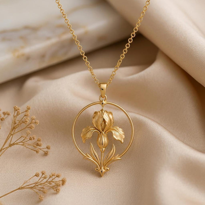 Gold Plated Silver Queen Iris Halo Necklace with a sculpted iris inside an open circular halo on champagne satin