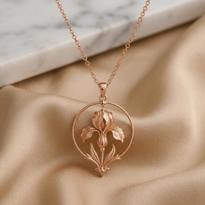 Rose Gold Plated Queen Iris Halo Necklace displayed on champagne satin