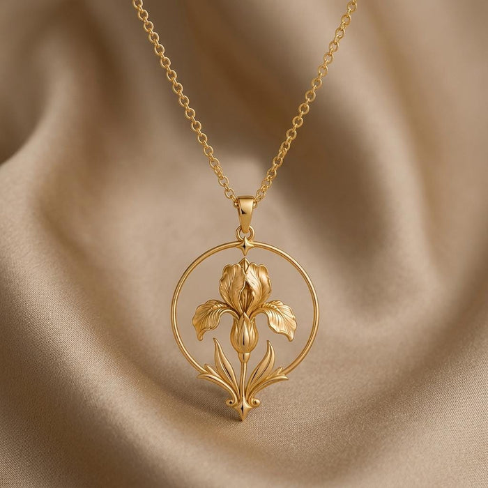 Front product view of the Gold Plated Silver Queen Iris Halo Necklace showing the iris, leaf forms, and halo
