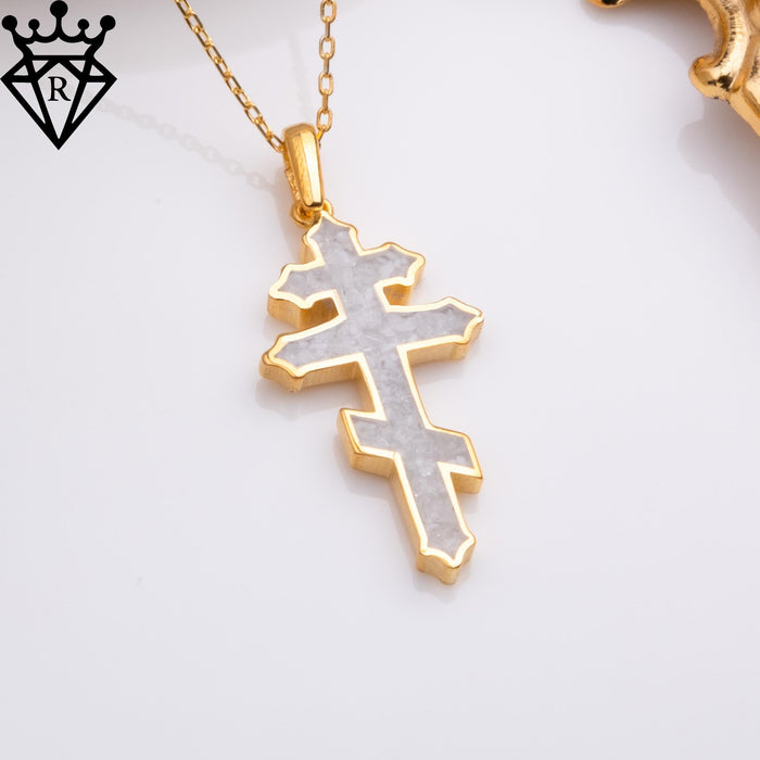 Gold Plated Silver rainbow moonstone cross necklace on a white background