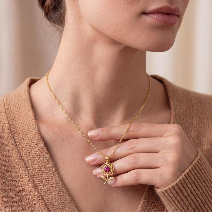 Close neckline view of a model holding a Gold Plated Silver Rose Flower Necklace