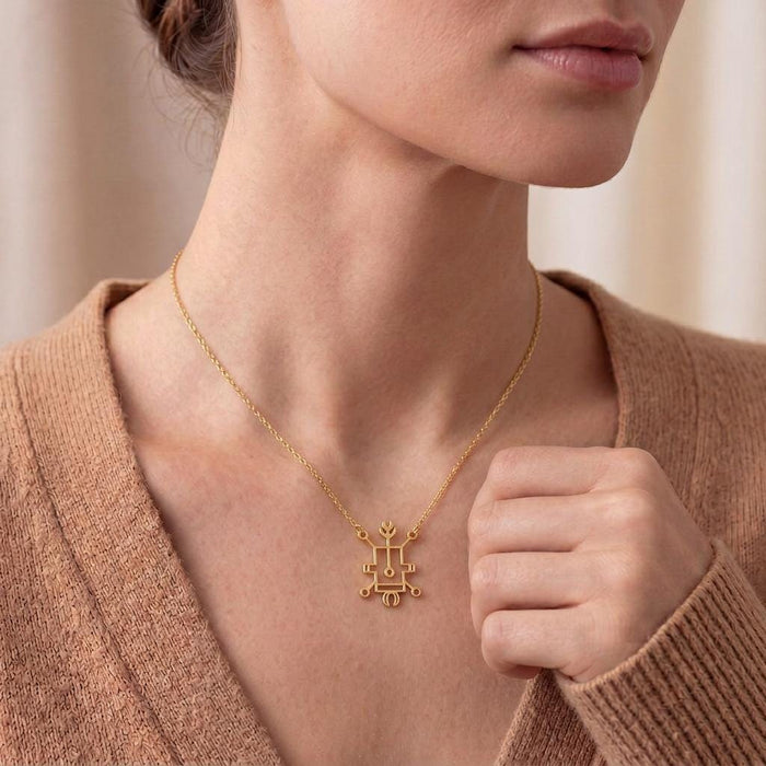 Gold Plated Silver Seal of Vassago pendant necklace worn below the collarbone