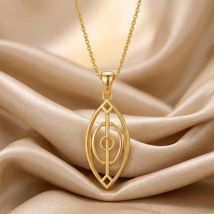 Gold Plated Silver Spirit Gate Pendant necklace on champagne satin