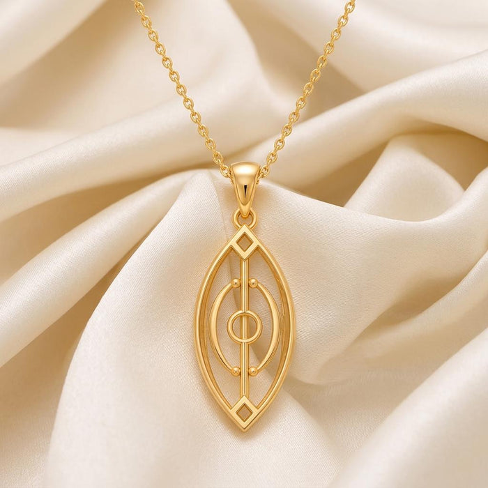 Front view of a Gold Plated Silver Spirit Gate Pendant necklace showing its circular center and diamond-shaped openings