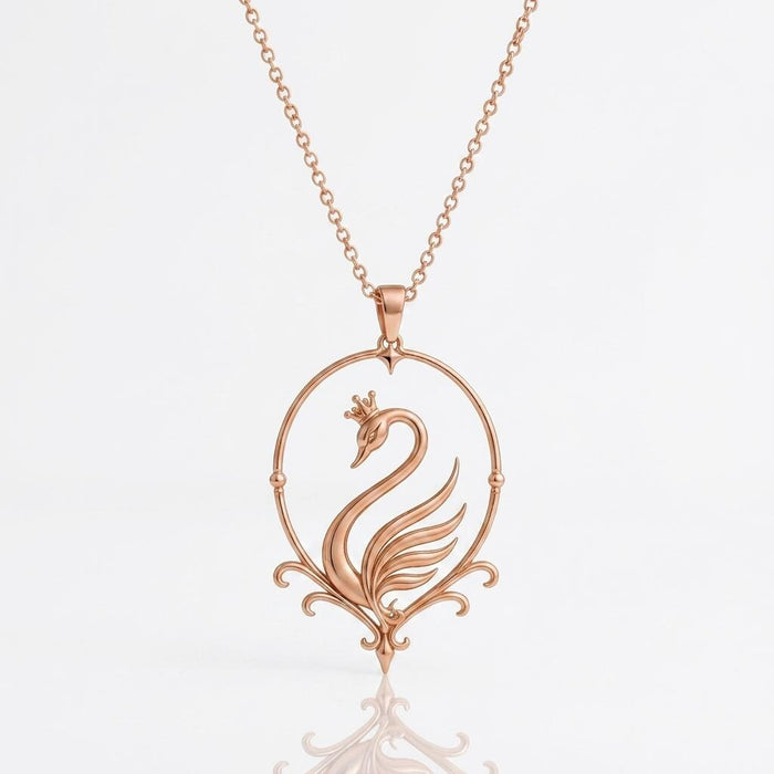 Rose Gold Plated Swan Aura Pendant with crowned swan and circular frame on a white background