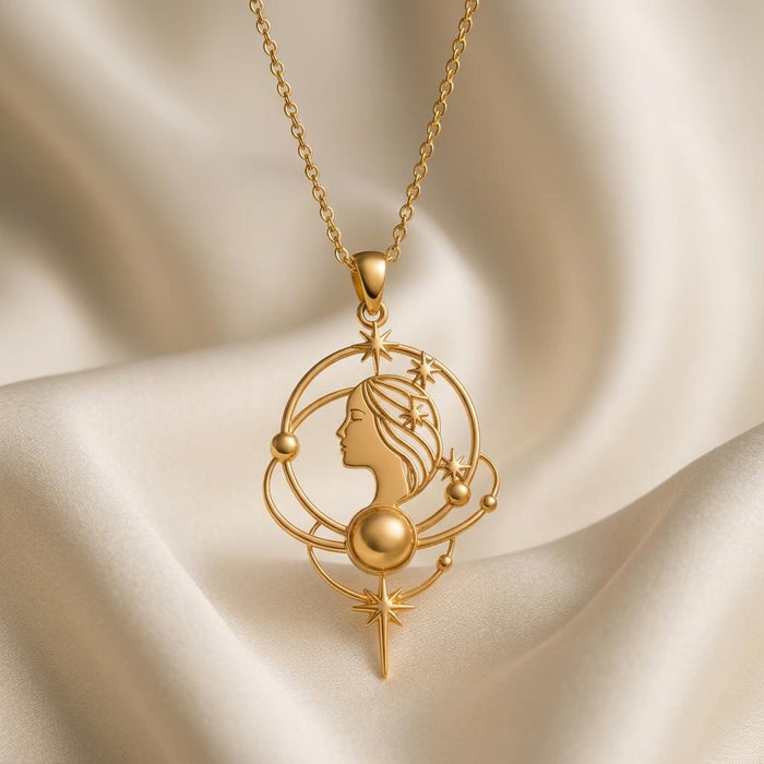 Close view of Gold Plated Silver Venus Aura Necklace showing the profile pendant, orbit arcs, stars, and spherical details