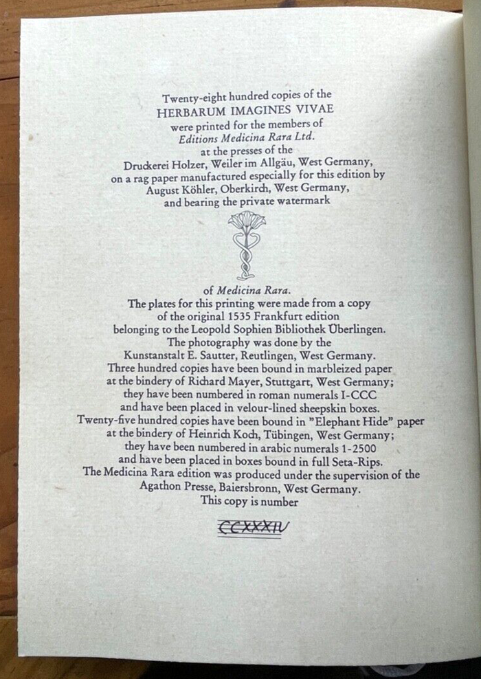 HERBARUM IMAGINES VIVAE, Ltd Luxury Ed #234/300 - 1535 HERBAL MEDICINE HERBALISM