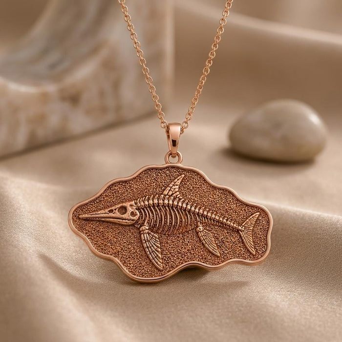 Rose Gold Plated Ichthyosaurus fossil pendant necklace with skeletal relief on a textured irregular plaque