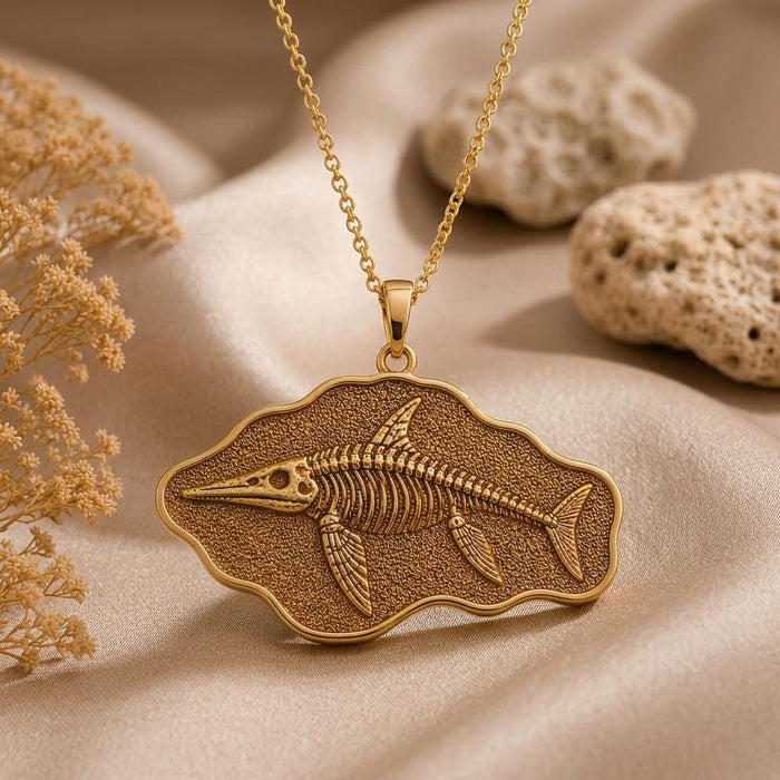 Gold Plated Silver Ichthyosaurus skeleton relief pendant on satin with dried flowers and porous stones