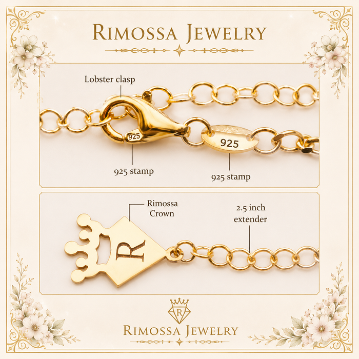 Lobster clasp, physical 925 hallmark, crown chain end detail, and 2.5-inch extender chain