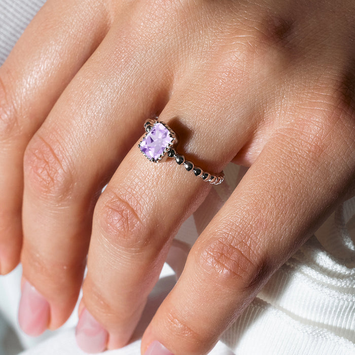 June Sterling Silver 925 Rhodium Plated Beaded Shank Square Center Birthstone Ring - BGR01081JUN
