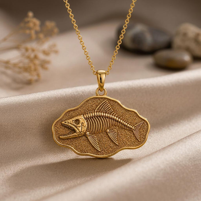 Close view of the Gold Plated Silver Leedsichthys fossil fish skeleton pendant on champagne satin