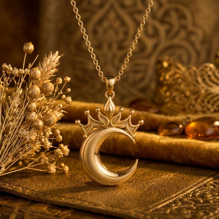 Gold Plated Silver Lunar Queen crowned crescent pendant necklace displayed with dried flowers and a textured book