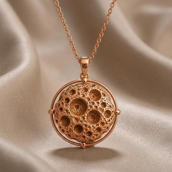 Product-only close-up of a rose-toned crater-textured spherical pendant within a circular orbit frame on satin