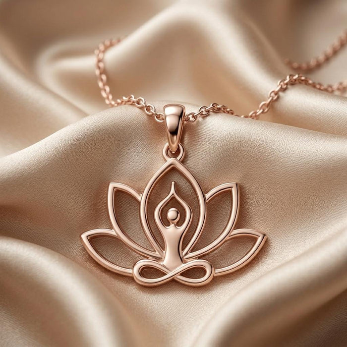 Rose Gold Plated Meditation Lotus Necklace close-up showing the meditating figure and infinity-shaped base