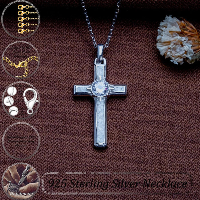 Moonstone Cross Necklace on brown textured fabric with circular component callouts and a text overlay