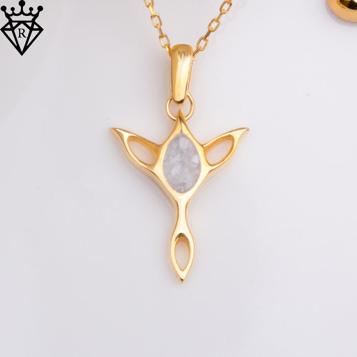 Straight-on close-up of the Gold Plated Silver Moonstone Elf pendant on a white background