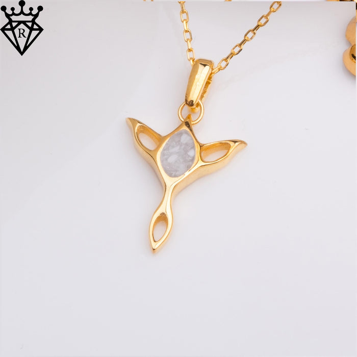 Angled close-up of the Gold Plated Silver Moonstone Elf pendant on a white background, catalog view 2