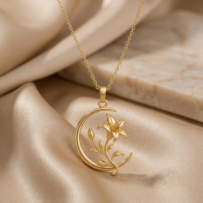 Product-only necklace photograph on champagne satin with a pale stone surface in the background