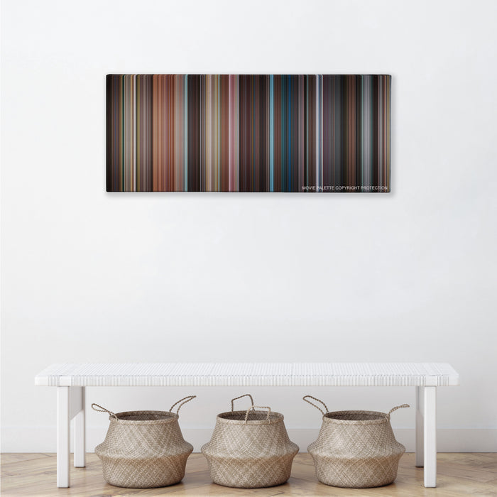 No Strings Attached color palette canvas above a white bench with three woven baskets