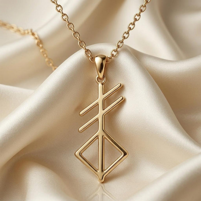 Gold Plated Silver Norse Creation Symbol Necklace displayed on ivory satin
