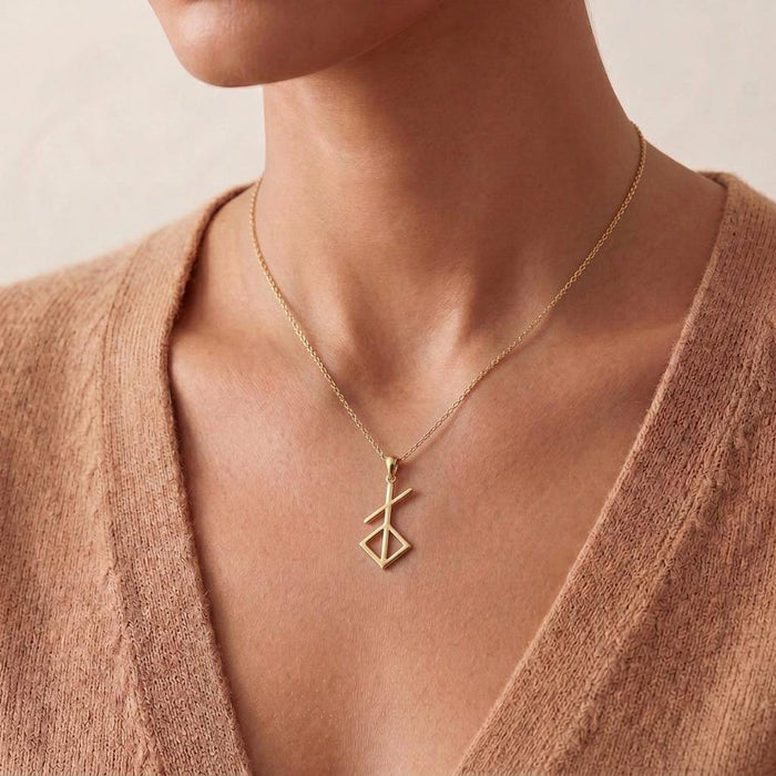Gold Plated Silver Norse Renewal Symbol Necklace worn with a peach knit V-neck top