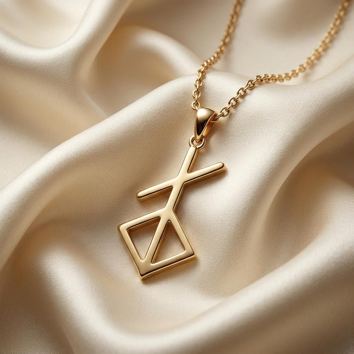 Gold Plated Silver Norse Renewal Symbol Necklace pendant on cream satin