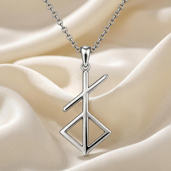 Silver Norse Renewal Symbol Necklace pendant with an open diamond-shaped lower frame on cream satin